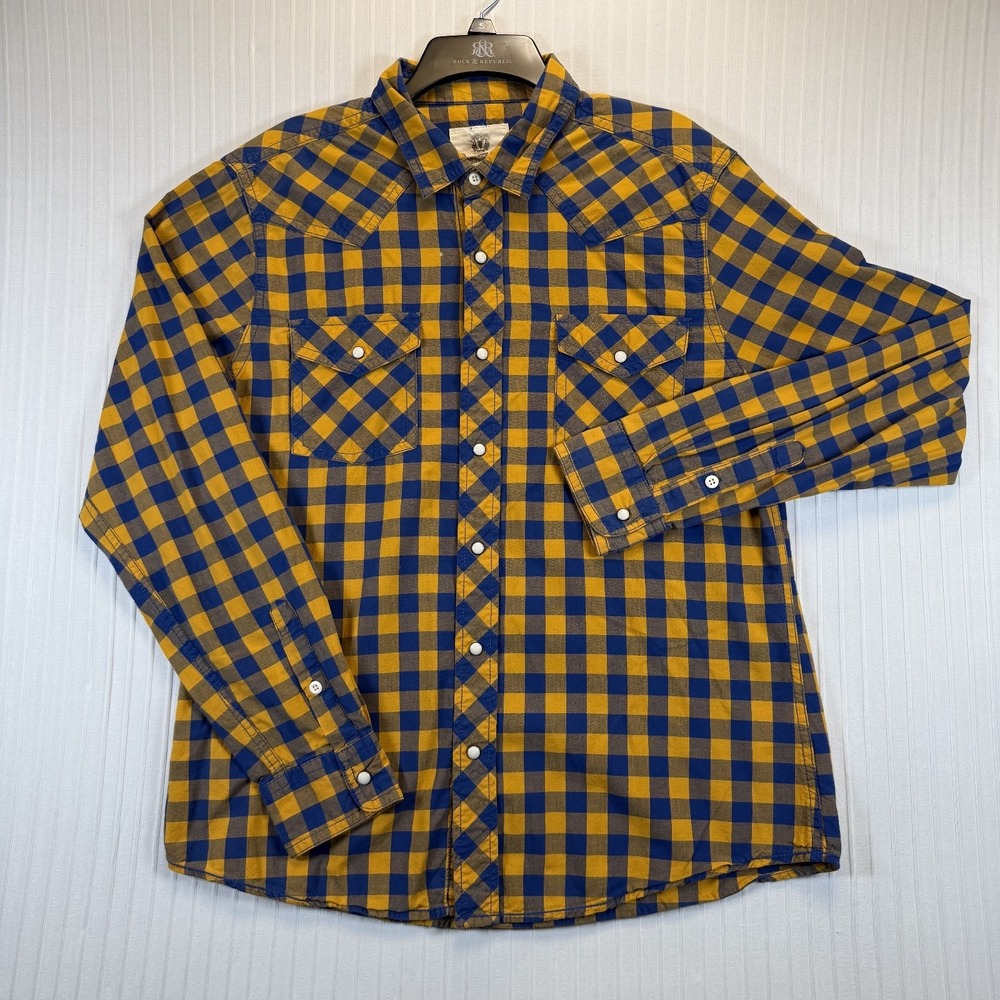 Vintage Roebuck & Co Shirt‎ Mens Large Blue Yellow Checkered Pear Snap Western